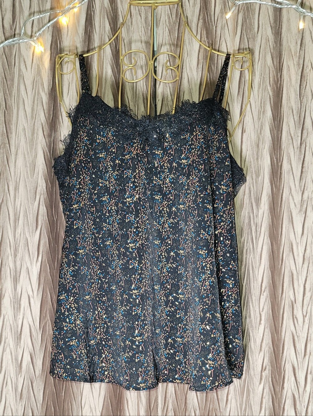 Molly Bracken Black Floral Glitter Dot Lace-Trim Camisole Tank Top V-Neck Size M